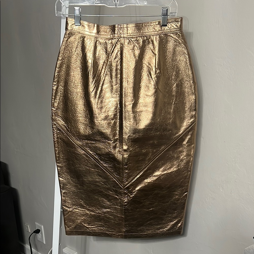 Vintage Pia Rucci Rose Gold crackle Metallic Skirt 100% leather sz 10